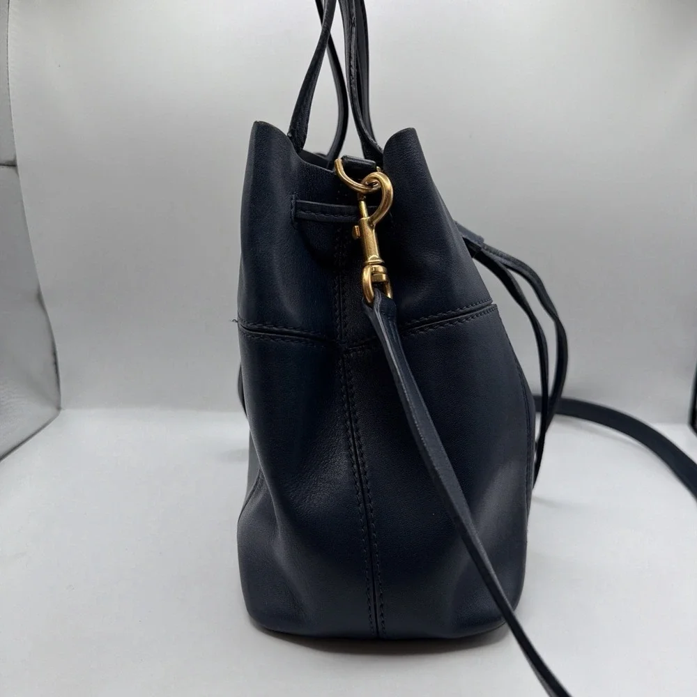 Tory Burch Block T Small Navy Blue Leather Bucket Bag Drawstring Closure